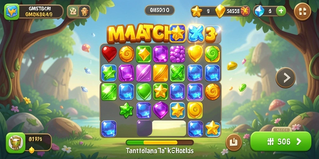 Tampilan screenshot GMSTAR yang menunjukkan gameplay Match-3 penuh warna.