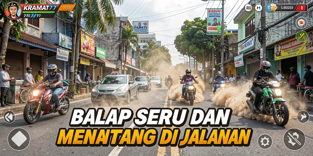 Tangkapan layar menunjukkan intensitas balapan dan grafis memukau dari KRAMAT77.