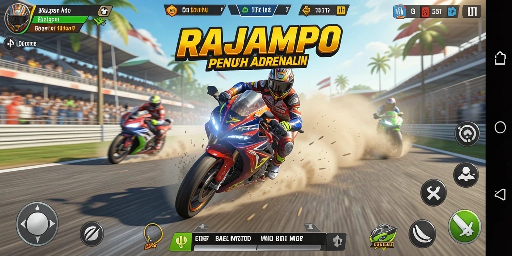 Tangkapan layar gameplay RAJAMPO dengan aksi balapan motor yang mendebarkan.