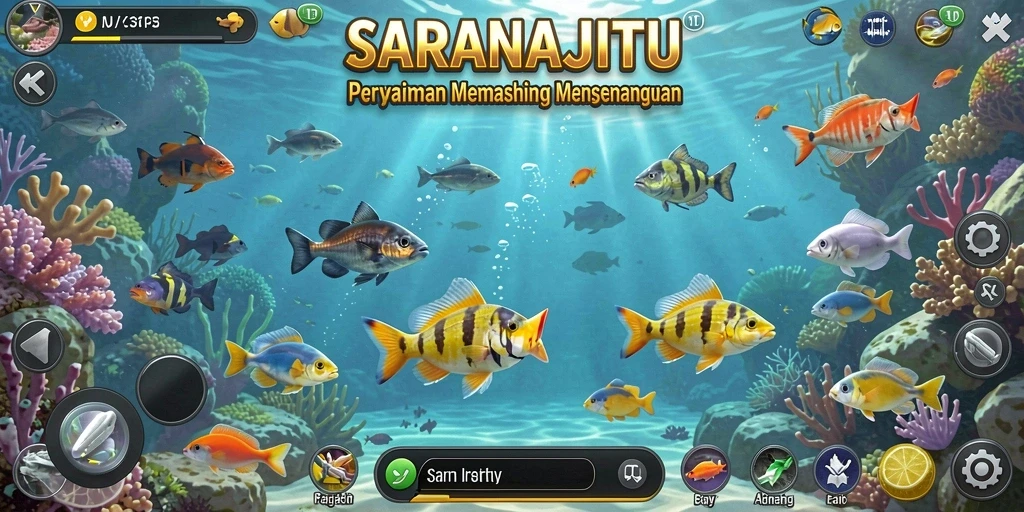 Tampilan utama SARANAJITU menampilkan momen seru saat menangkap ikan.
